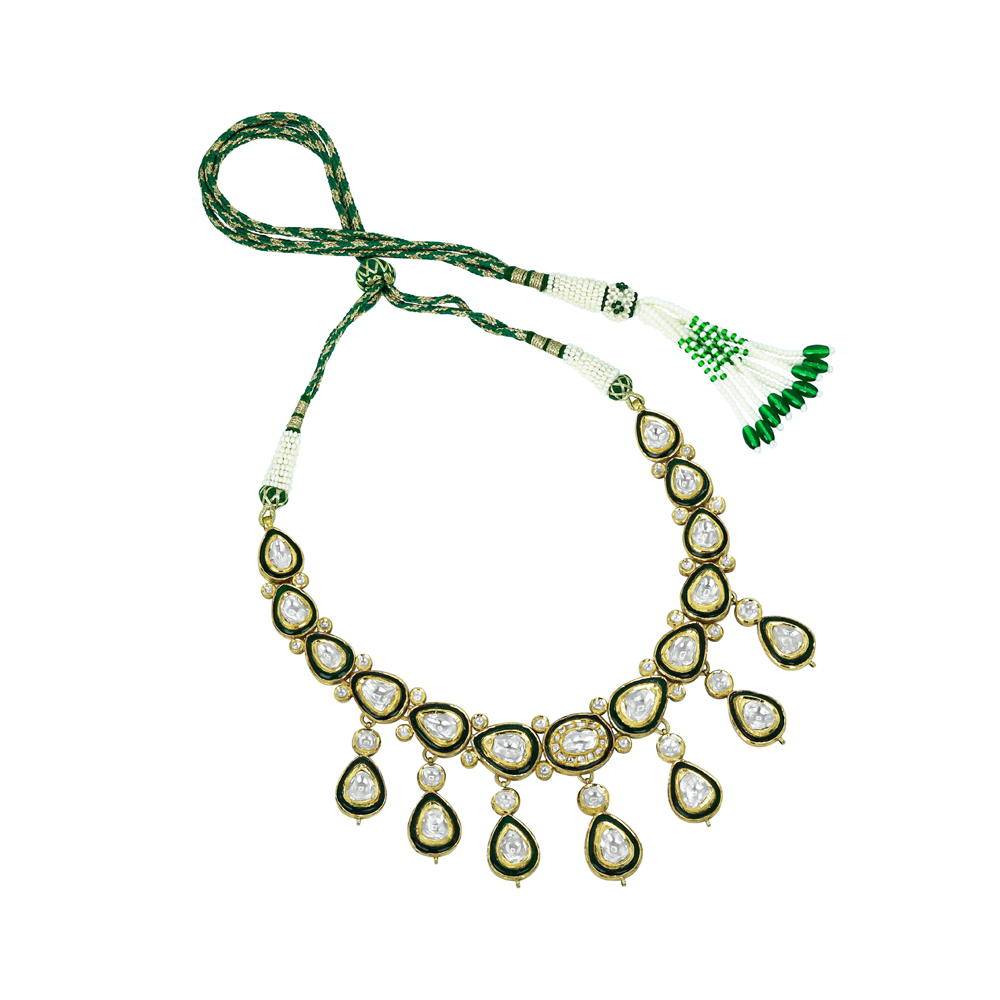 Polki Necklace with Green Enamel Detailing and Bold Design